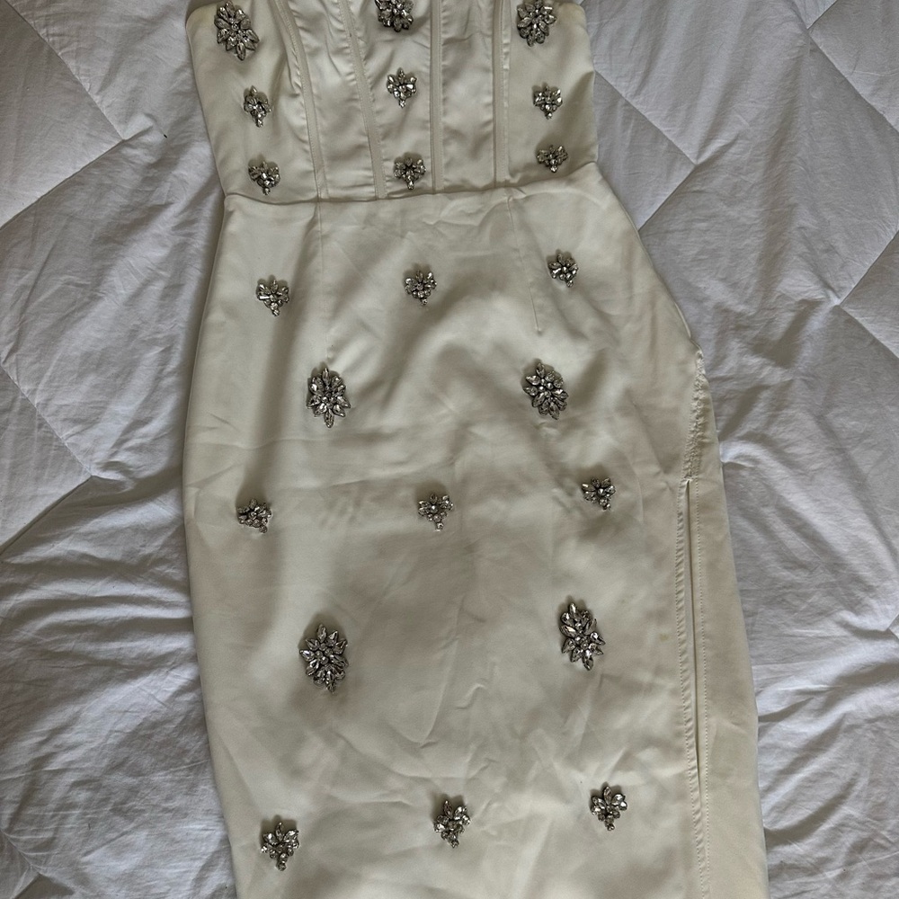 Fashion Nova Strapless Cream Dress with Silver Embellishments